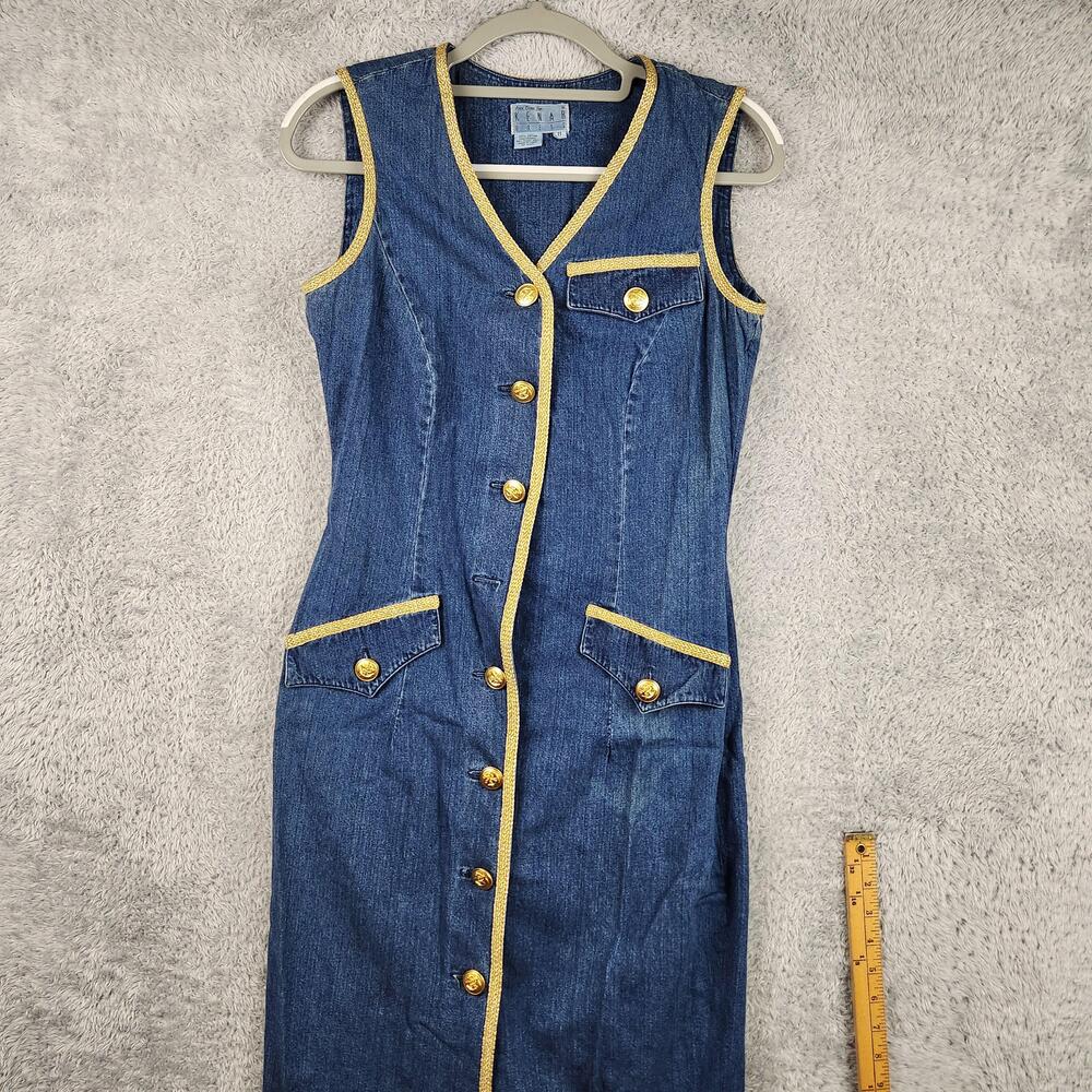 Vintage Kenar Dress Womens 8 Blue Denim Button Sheath Nautical Gold Trim 80s